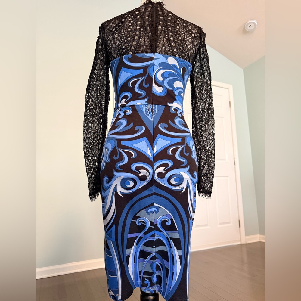 Emilio Pucci Black and Blue Wool Blend Dress w/ Lace Sleeves - Picture 3 of 7